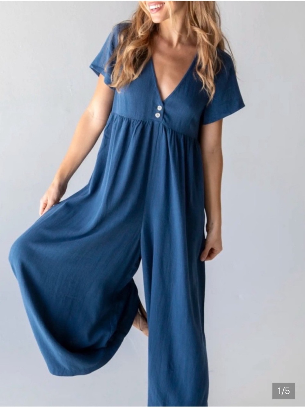 NATURAL LIFE Deep Blue V-Neck Wide-Leg Jumpsuit